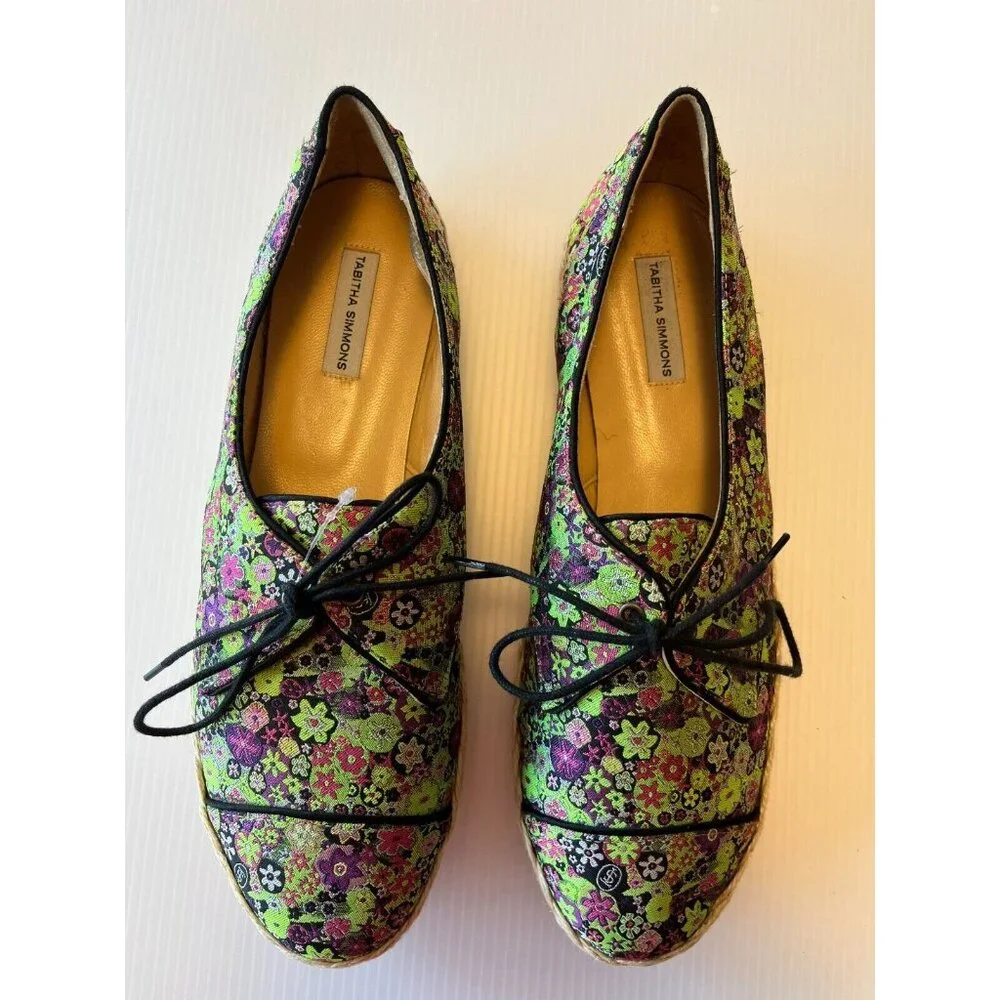 Tabitha Simmons Purple & Green Floral Espadrille Lace-Up Flats Sz 8.5 US 39 EUR